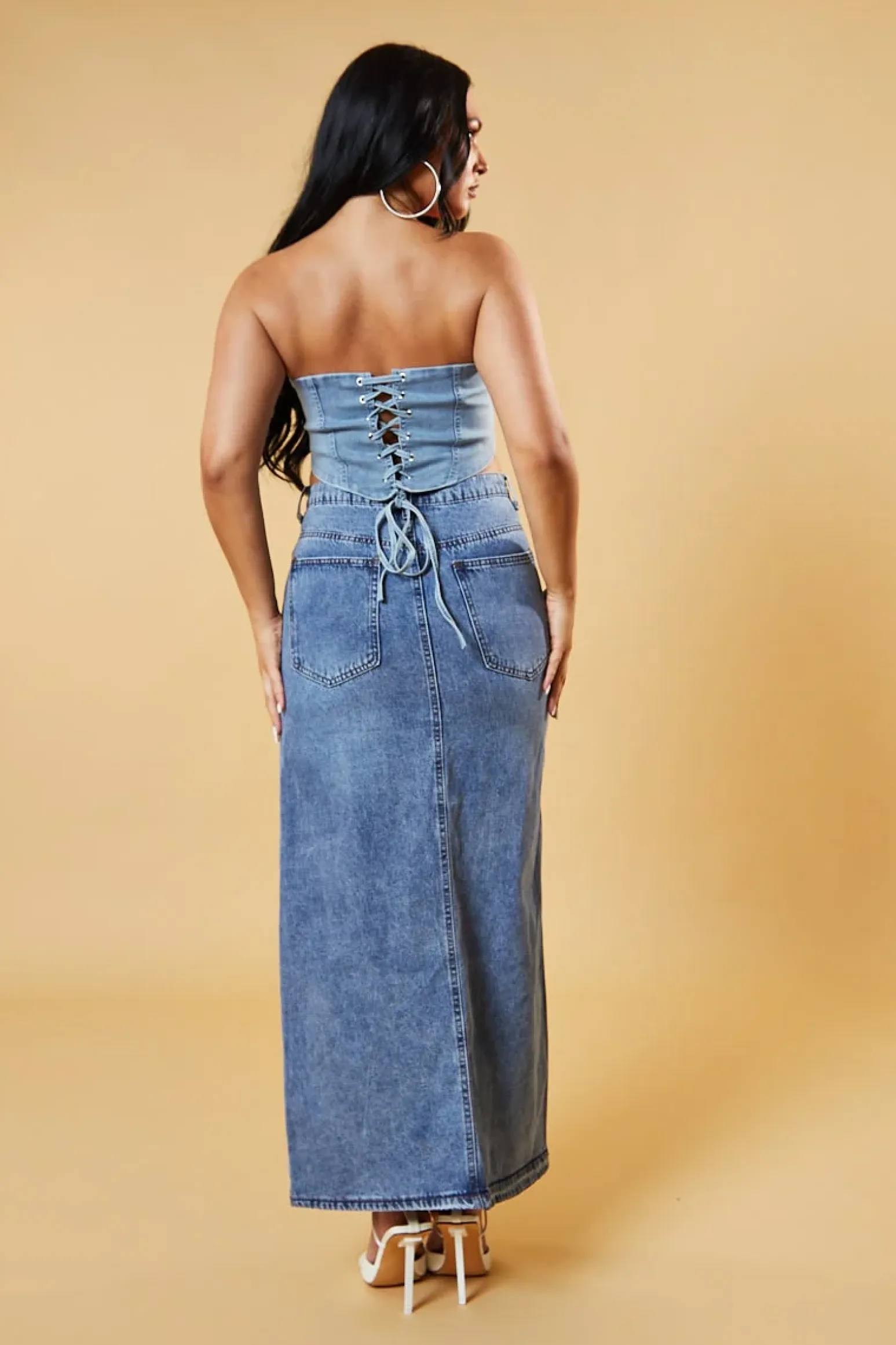 Rebellious Fashion Mid Blue Front Slit Denim Maxi Skirt - Asami