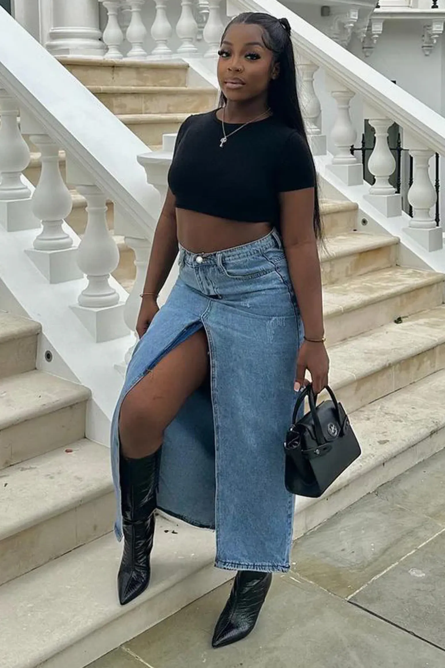 Rebellious Fashion Mid Blue Front Slit Denim Maxi Skirt - Asami