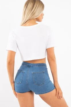 Rebellious Fashion Mid Blue High Waist Denim Hot Pant Shorts - Lylah