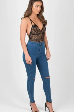 Rebellious Fashion Mid Blue High Waisted Ripped Knee Skinny Jeans - Amara
