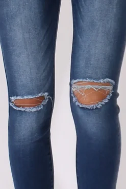 Rebellious Fashion Mid Blue High Waisted Ripped Knee Jeans - Pandora