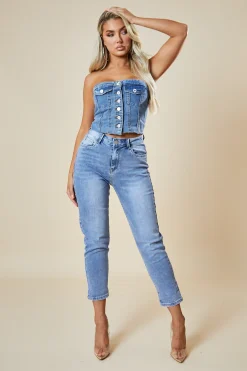 Rebellious Fashion Mid Blue High Waist Mom Jeans - Alma