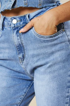 Rebellious Fashion Mid Blue High Waist Mom Jeans - Alma