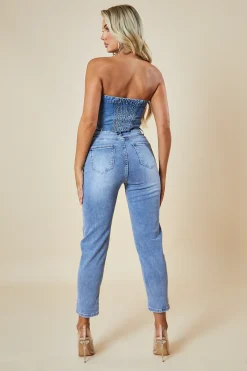 Rebellious Fashion Mid Blue High Waist Mom Jeans - Alma