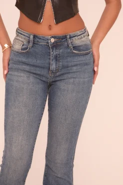 Rebellious Fashion Mid Blue Mid Waist Kick Flare Denim Jeans - Ondrea