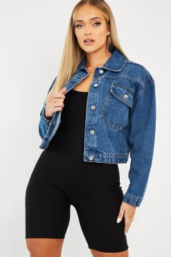 Rebellious Fashion Mid Blue Pocket Cropped Denim Jacket - Cerise