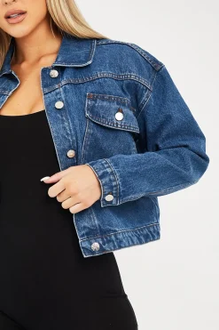 Rebellious Fashion Mid Blue Pocket Cropped Denim Jacket - Cerise