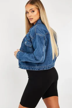 Rebellious Fashion Mid Blue Pocket Cropped Denim Jacket - Cerise