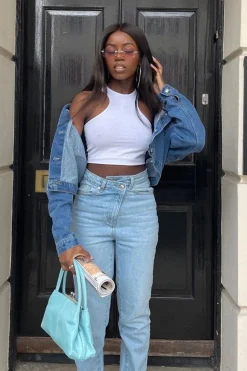 Rebellious Fashion Mid Blue Pocket Cropped Denim Jacket - Cerise