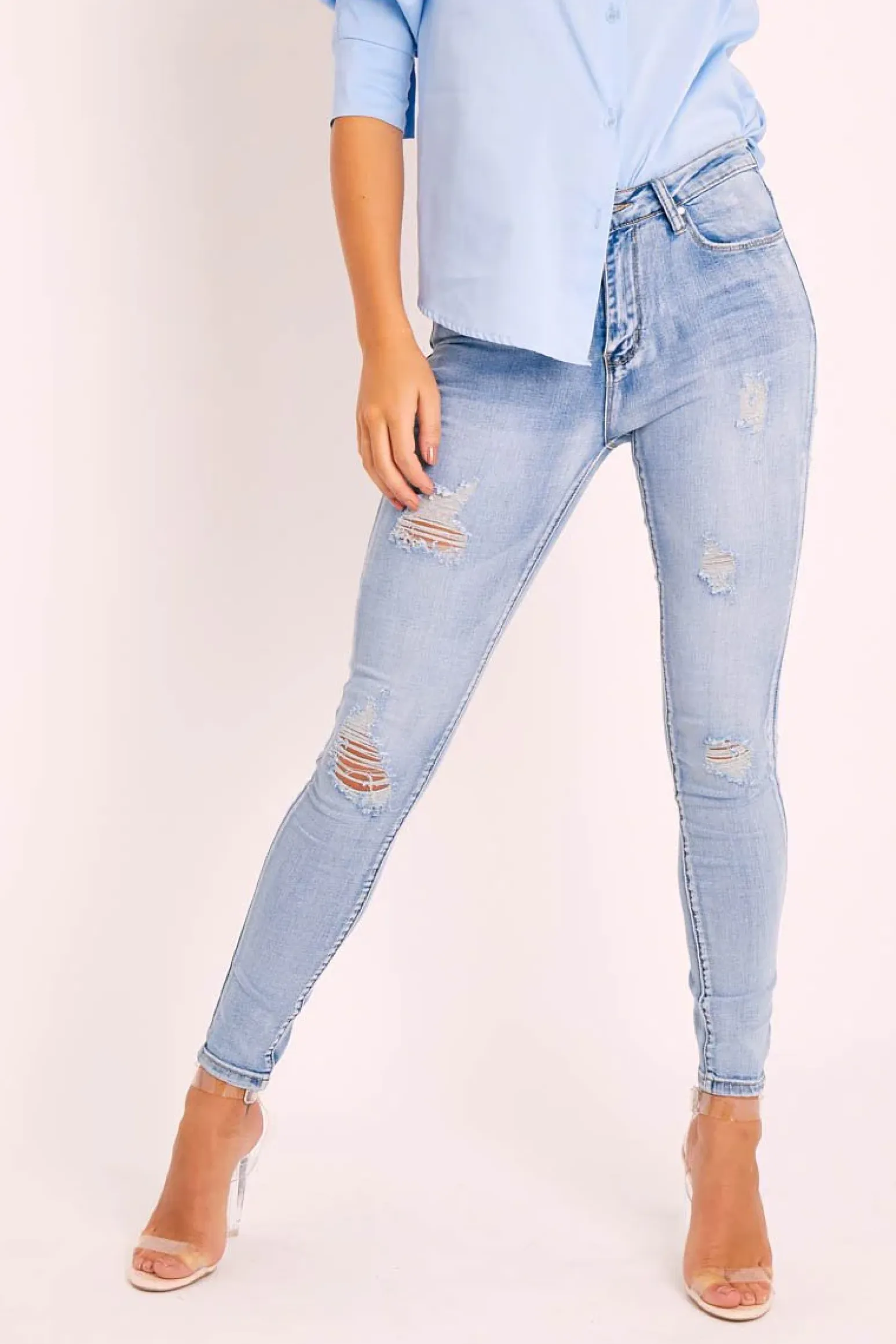 Rebellious Fashion Mid Blue Slight Distressed Skinny Jeans - Fina