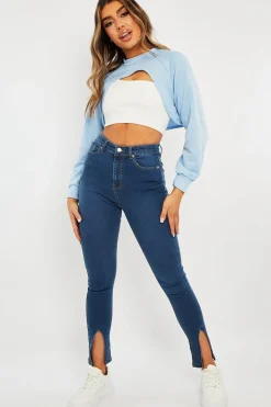 Rebellious Fashion Mid Blue Split Front Skinny Jeans - Martha