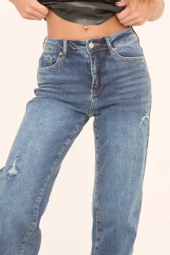 Rebellious Fashion Mid Blue Stretch Distressed Straight Leg Denim Jeans - Zia