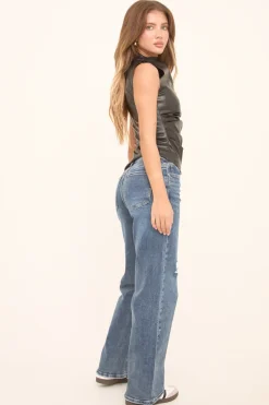 Rebellious Fashion Mid Blue Stretch Distressed Straight Leg Denim Jeans - Zia