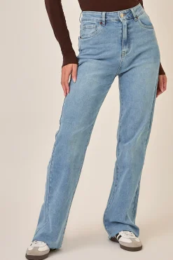 Rebellious Fashion Mid Blue Stretch Frayed Hem Jeans - Scarlett