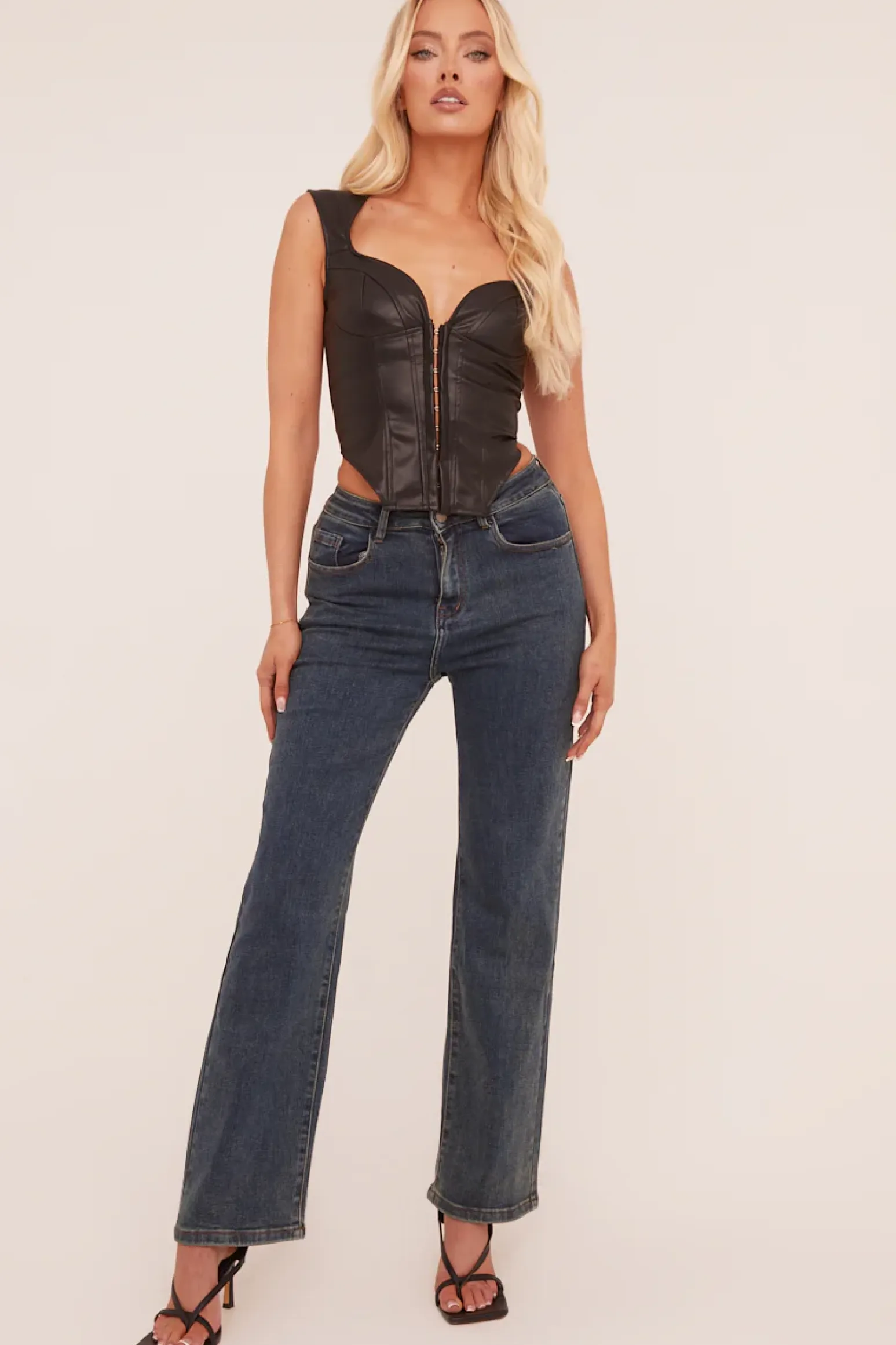 Rebellious Fashion Mid Blue Stretch Hight Waist Straight Leg Jeans - Neona