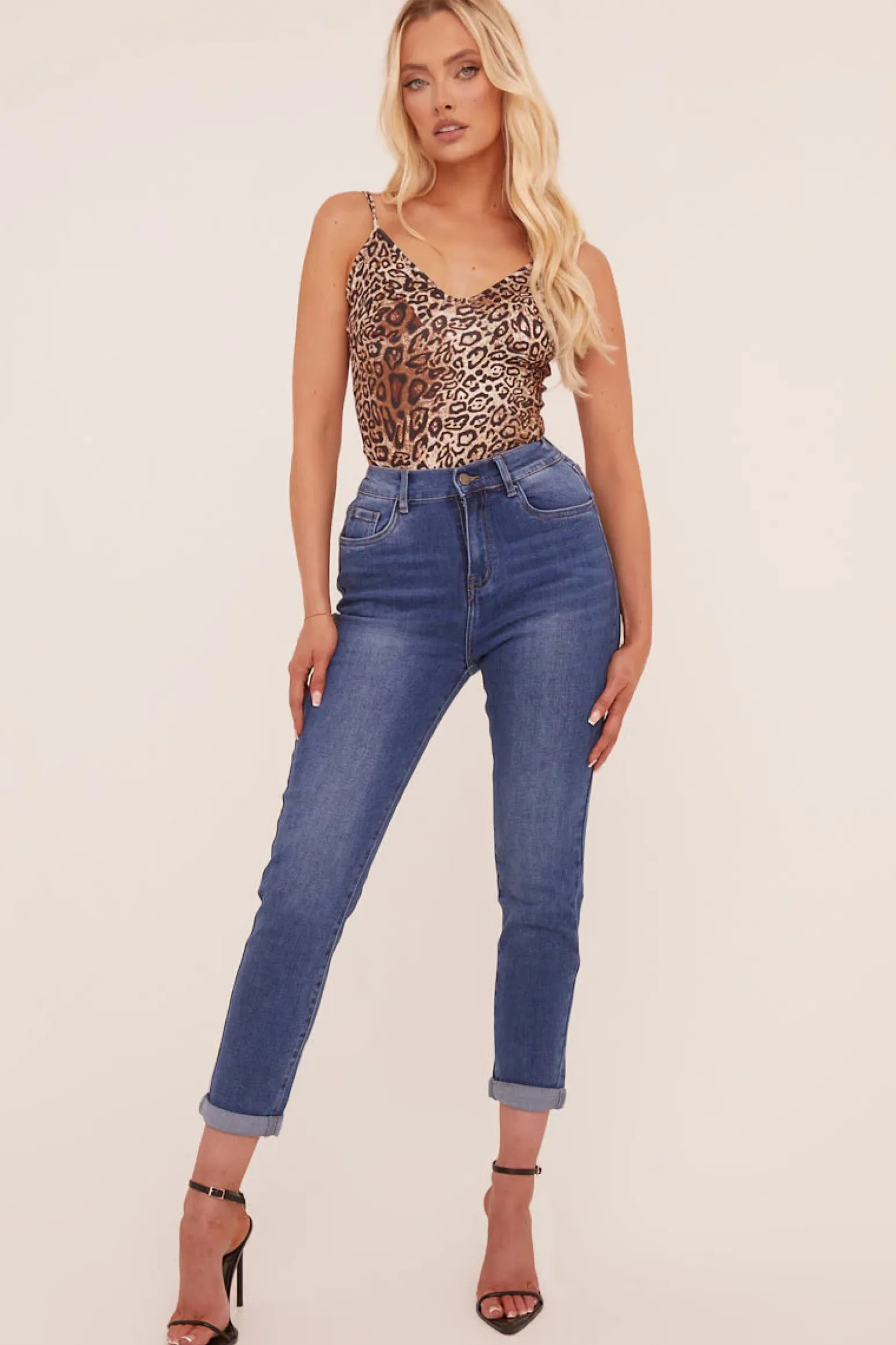 Rebellious Fashion Mid Blue Stretch High Waist Tun Up Hem Mom Jeans - Nirvana