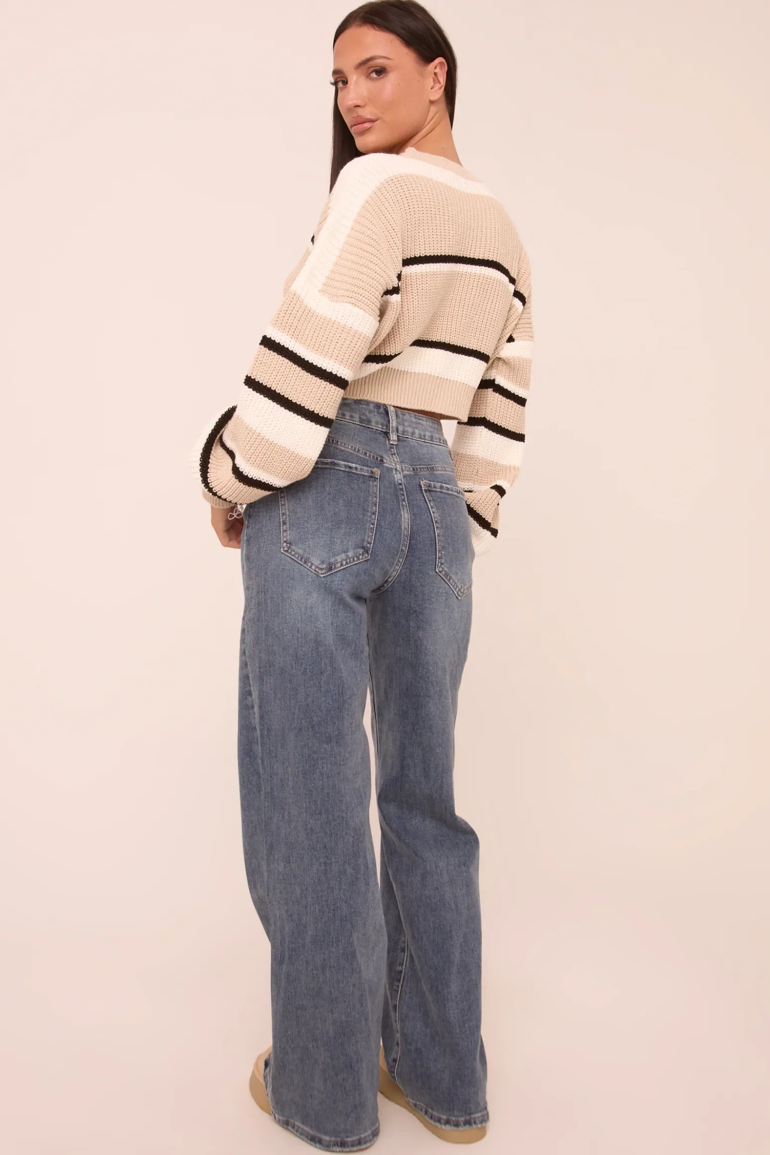 Rebellious Fashion Mid Blue Stretch Mid Waist Wide Leg Denim Jeans - Noah