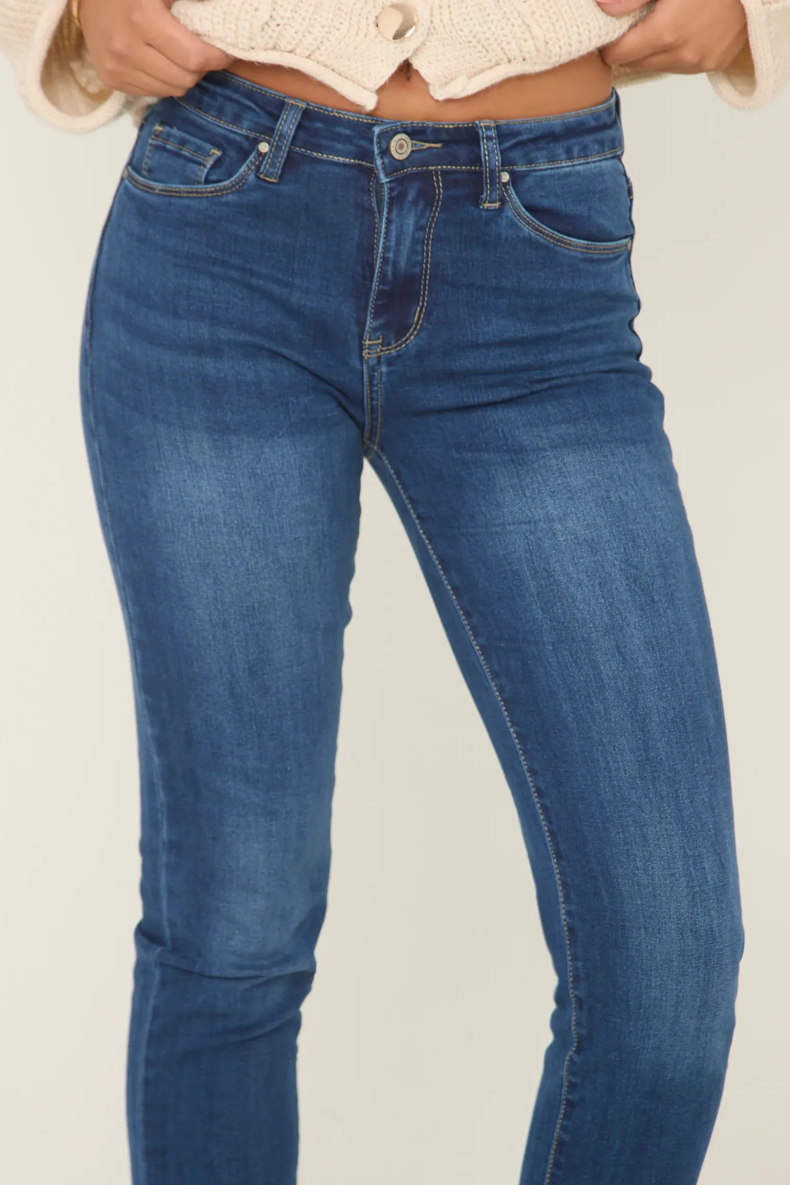 Rebellious Fashion Mid Blue Stretch Turn Up Hem Straight Leg Jeans - Roy