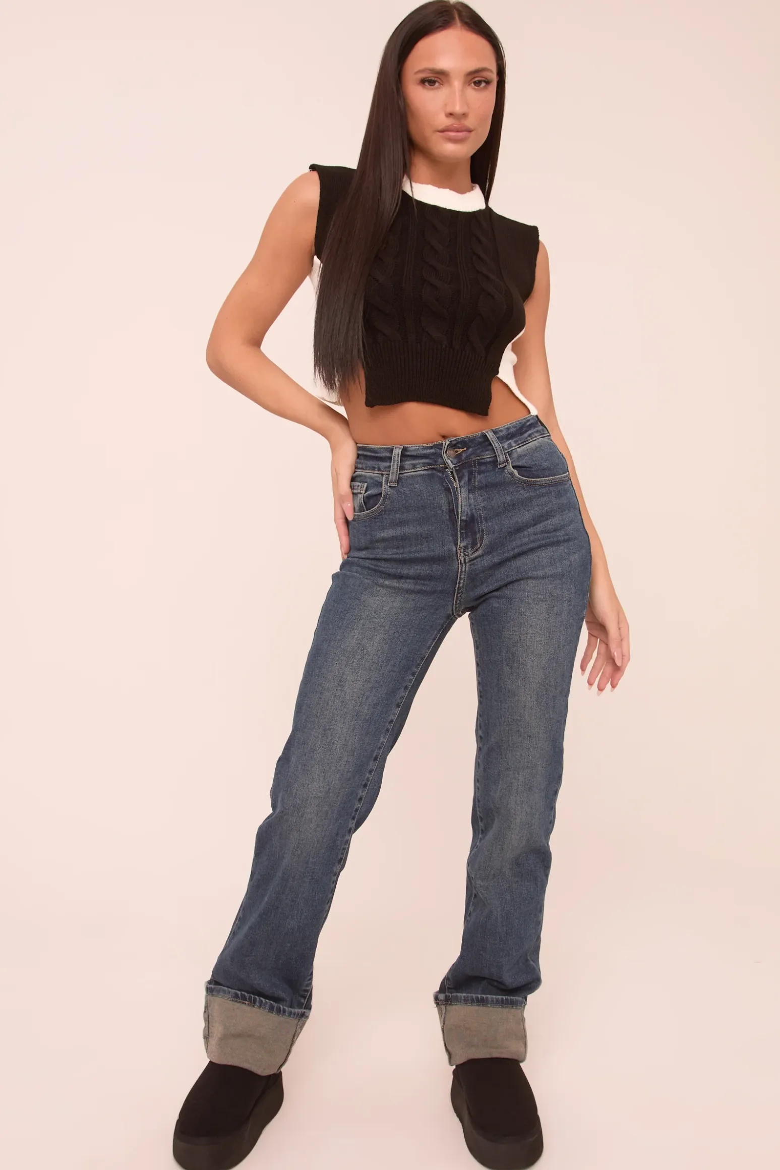 Rebellious Fashion Mid Blue Stretch Turn up Hem Straight Leg Jeans - Moxie