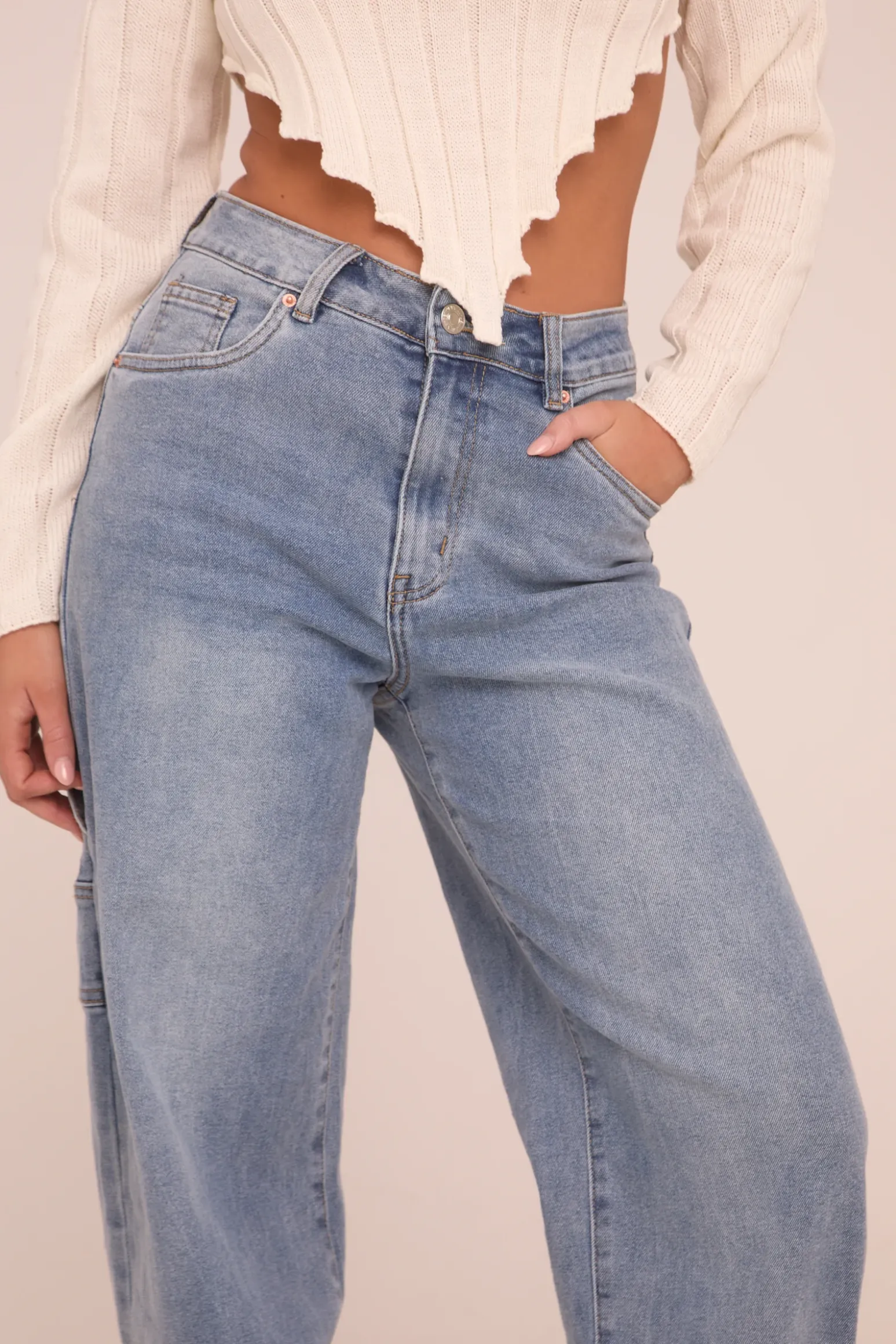 Rebellious Fashion Mid Blue Stretch Wide Balloon Leg Jeans - Addison