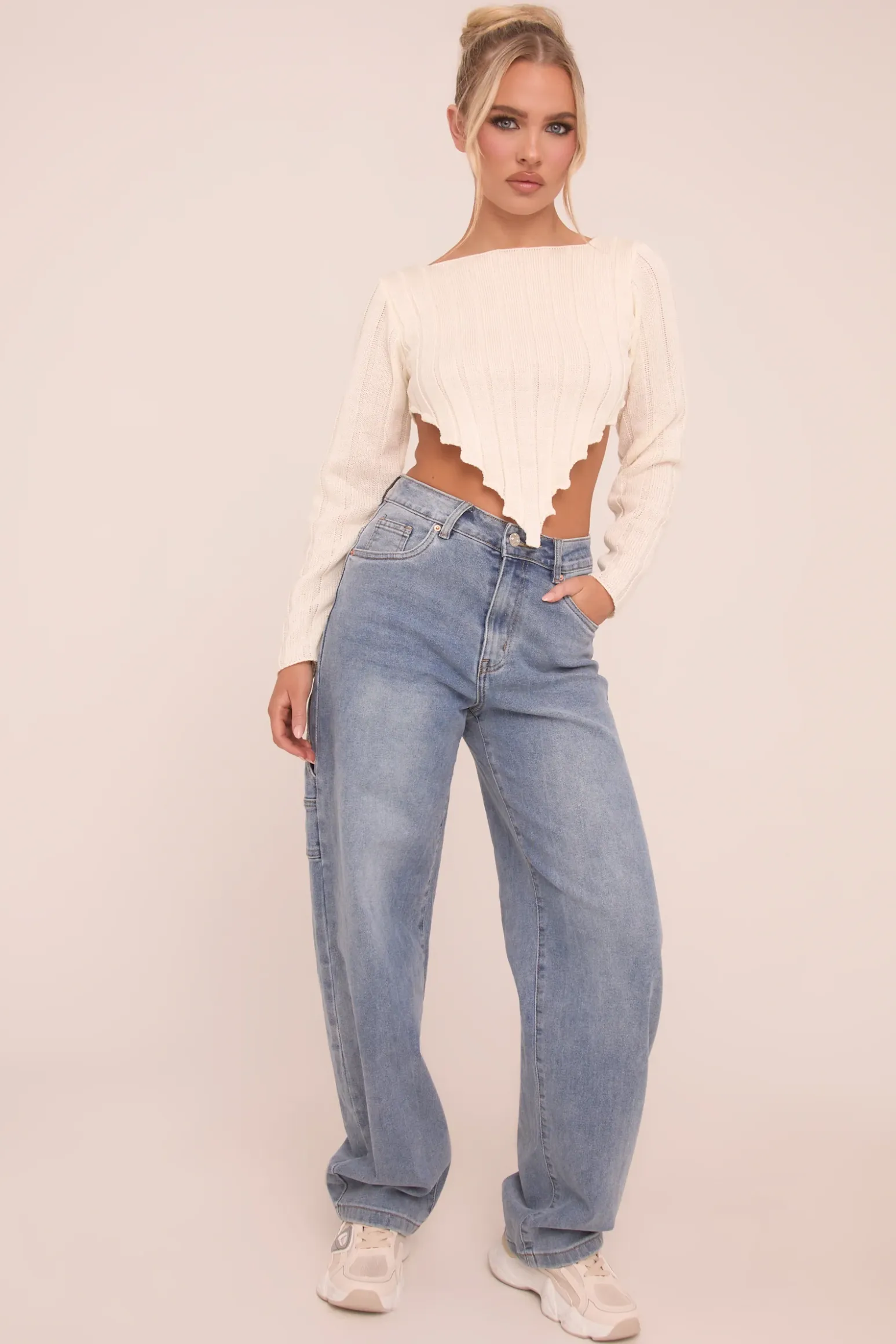 Rebellious Fashion Mid Blue Stretch Wide Balloon Leg Jeans - Addison