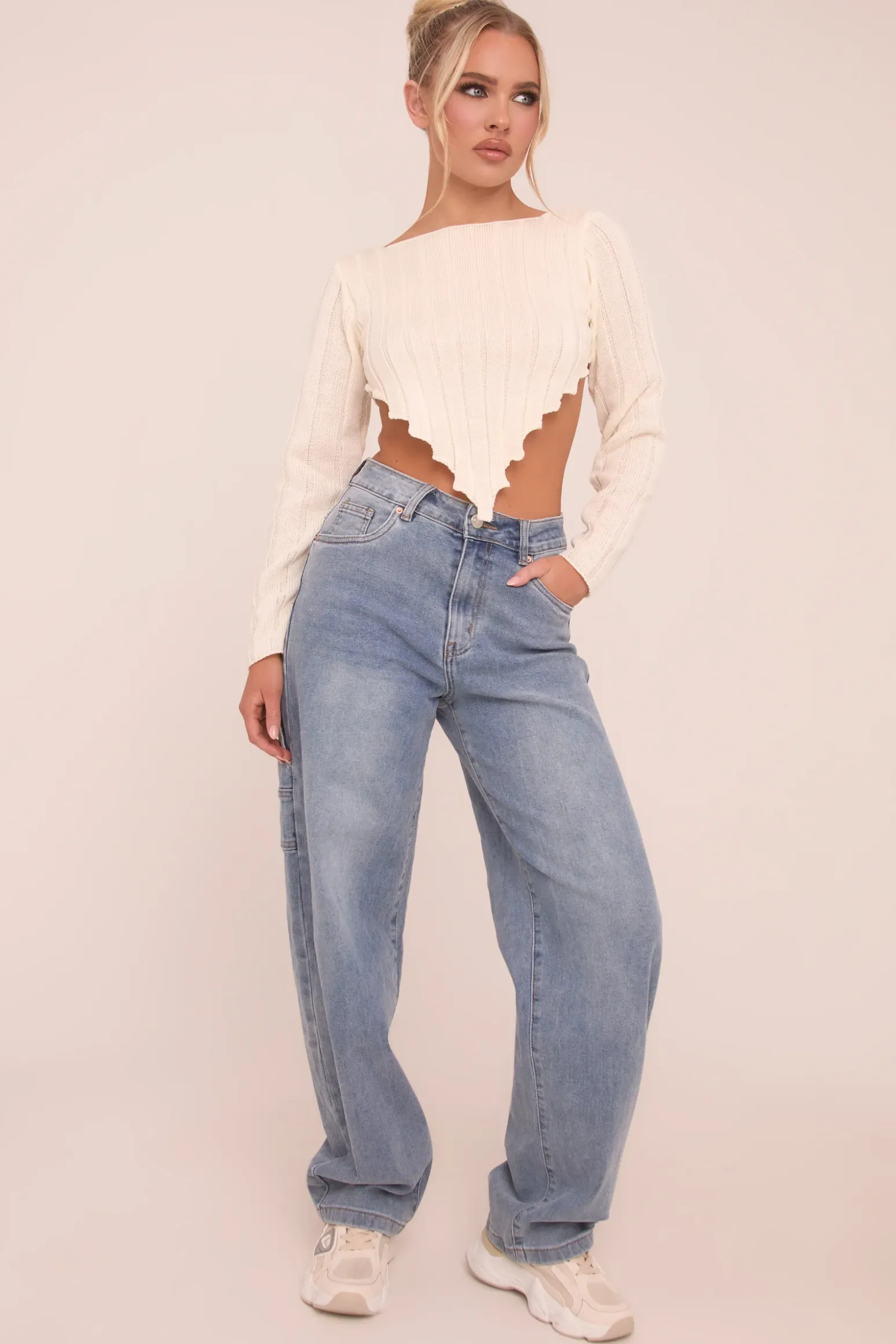 Rebellious Fashion Mid Blue Stretch Wide Balloon Leg Jeans - Addison