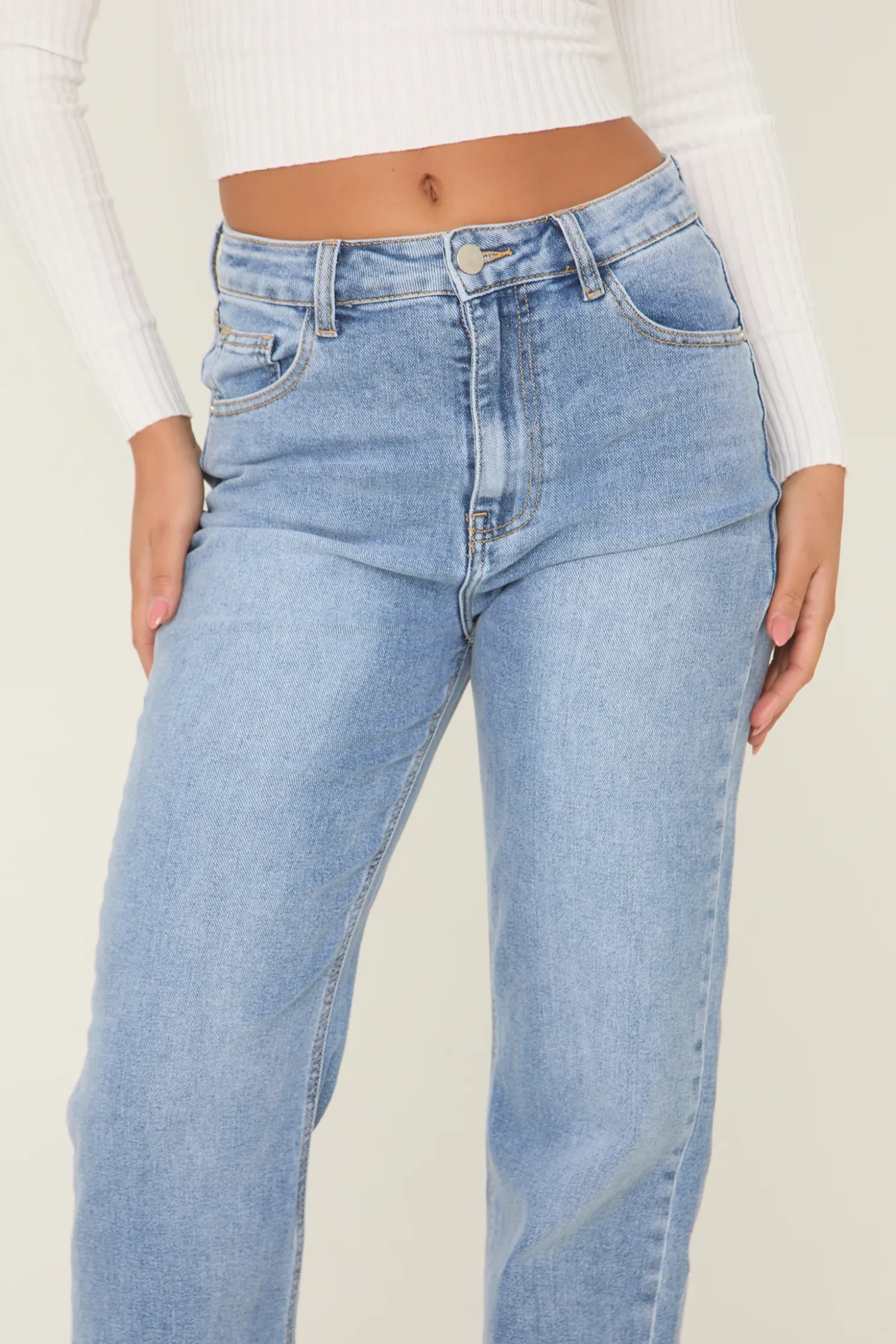Rebellious Fashion Mid Blue Washed Stretch Mid Waist Straight Leg Frayed Hem Denim Jeans - Venus