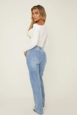 Rebellious Fashion Mid Blue Washed Stretch Mid Waist Straight Leg Frayed Hem Denim Jeans - Venus