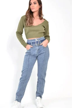 Rebellious Fashion Mid Wash Belted Straight Leg Jeans - Crosley