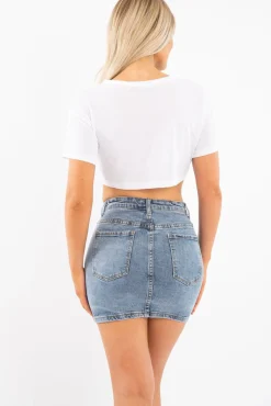 Rebellious Fashion Mid Wash Blue Denim Mini Skirt - Lynzi
