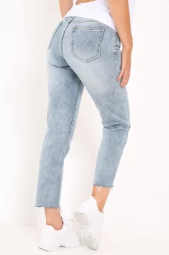 Rebellious Fashion Mid Wash Blue Ripped Leg Straight Leg Jeans - Iviana