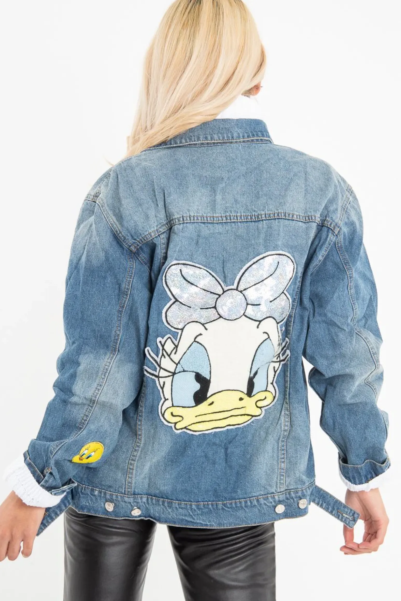 Rebellious Fashion Mid Wash Cartoon Embroidered Denim Jacket - Liona