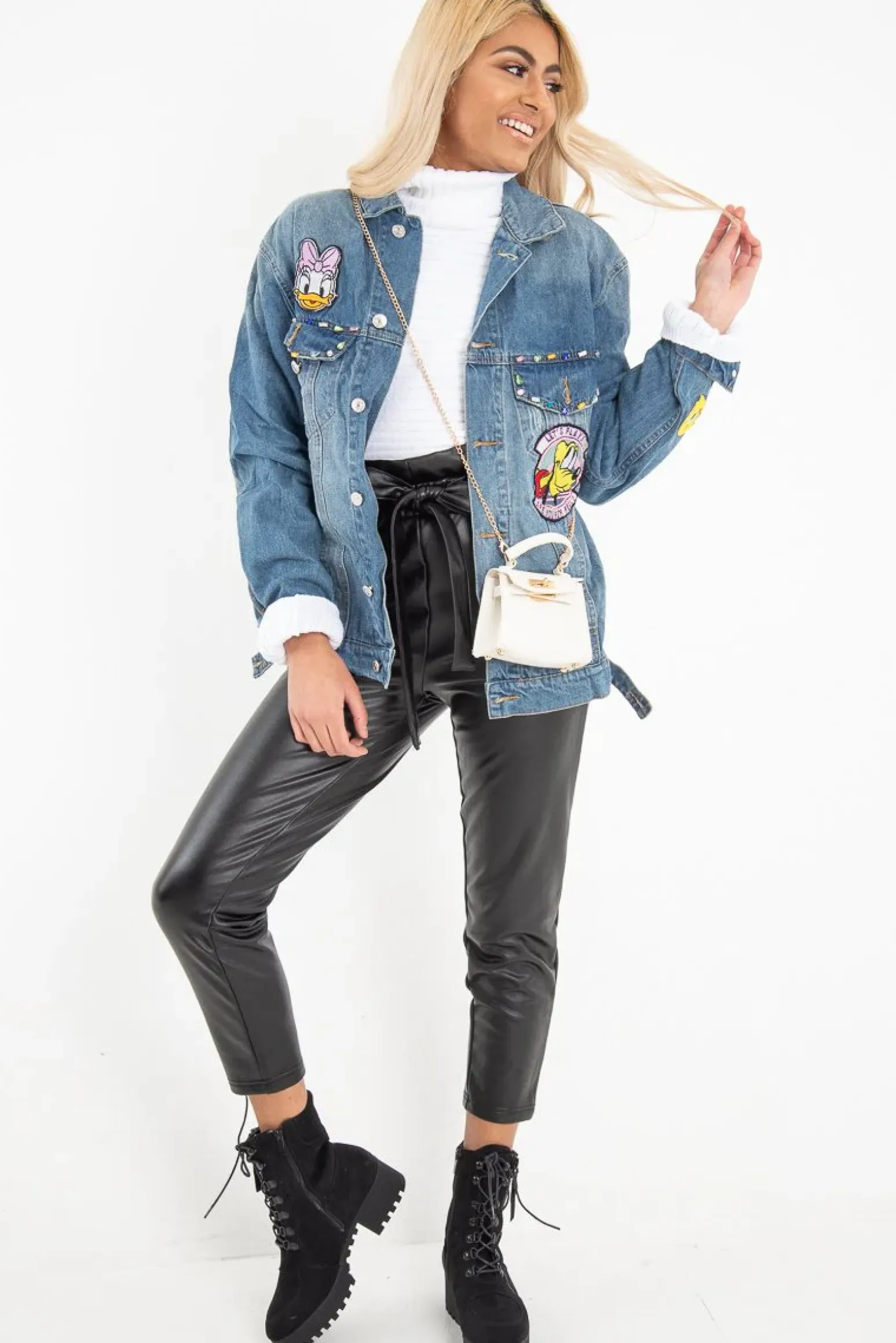 Rebellious Fashion Mid Wash Cartoon Embroidered Denim Jacket - Liona