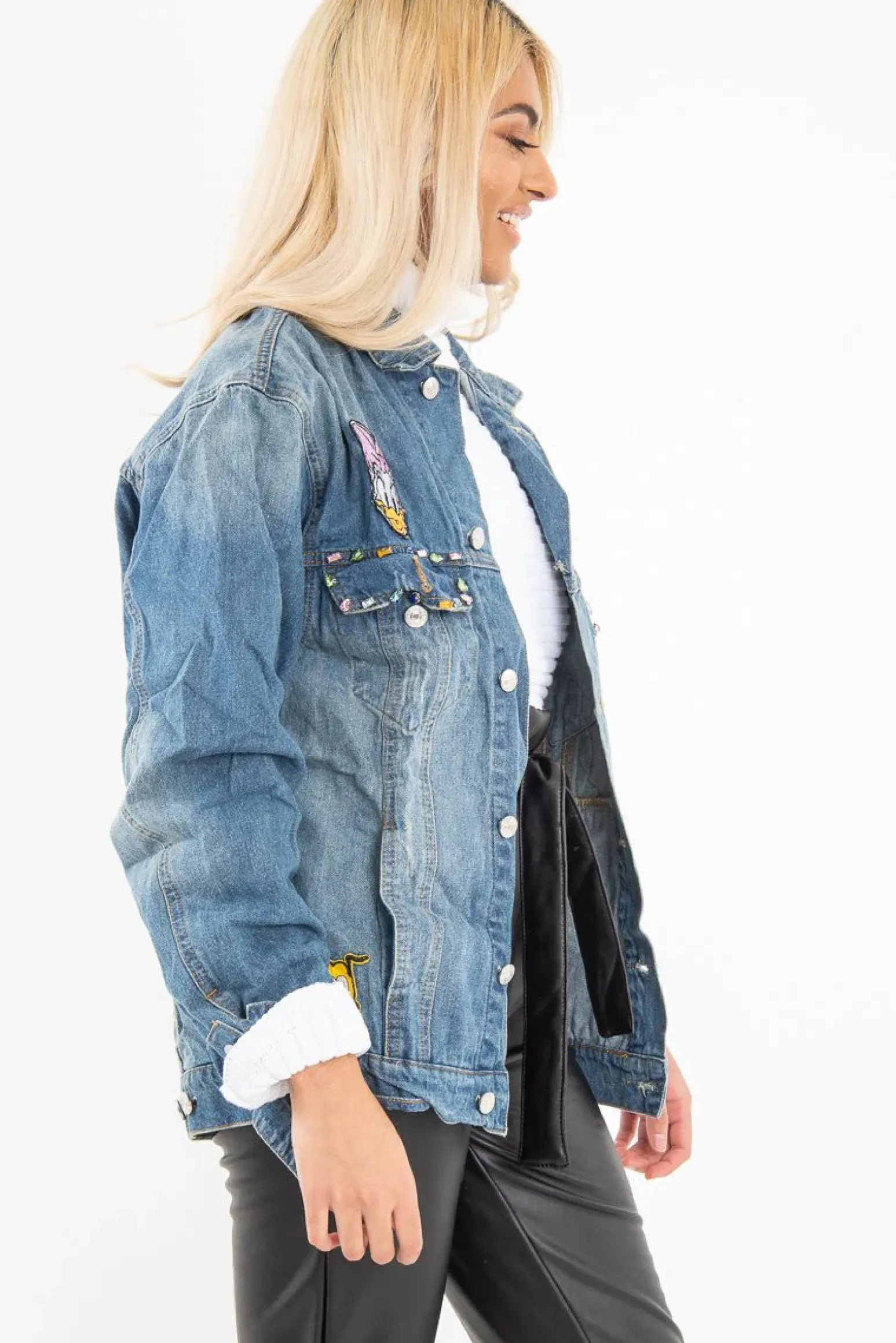 Rebellious Fashion Mid Wash Cartoon Embroidered Denim Jacket - Liona