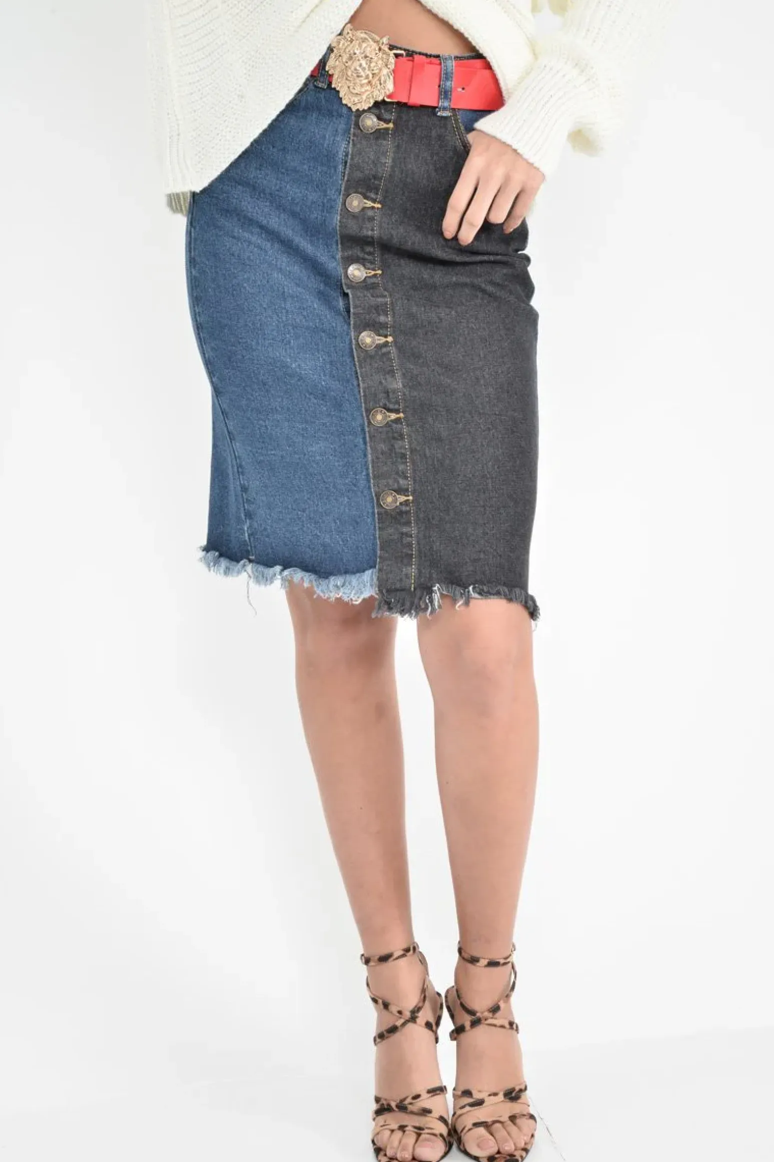Rebellious Fashion Mid Wash Charcoal Colour Block Frayed Skirt - Lidia