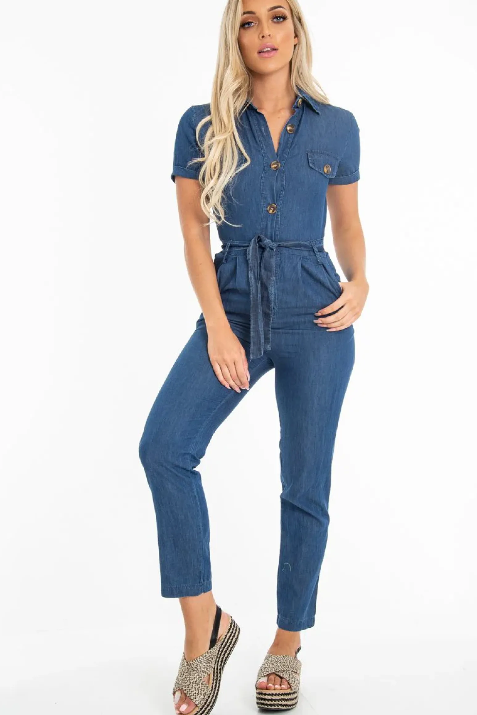 Rebellious Fashion Mid Wash Denim Button Detail Boiler Jumpsuit - Casey