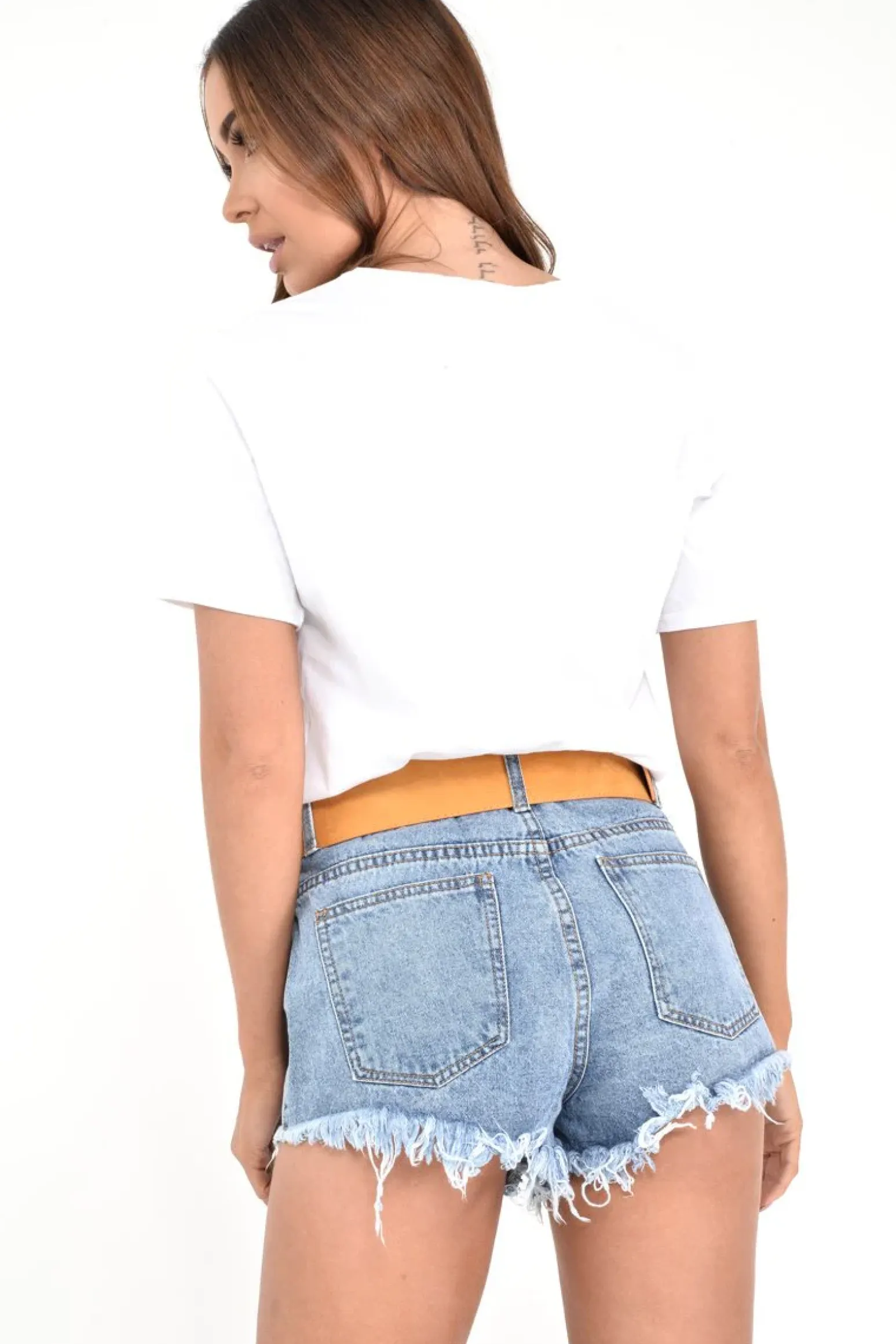 Rebellious Fashion Mid Wash Denim Distressed High Waist Shorts - Kashton