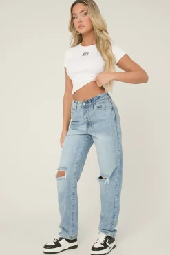 Rebellious Fashion Mid Wash Denim Distressed Knee Extra Long Jeans - Ivelisse