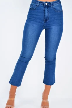 Rebellious Fashion Mid Wash Denim Kick Flare Crop Jeans - Carleigh