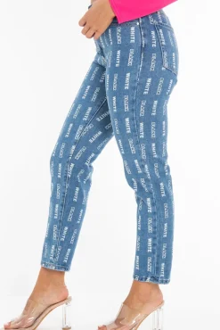 Rebellious Fashion Mid Wash Denim White Blank Slogan Mom Jeans - Jordyn