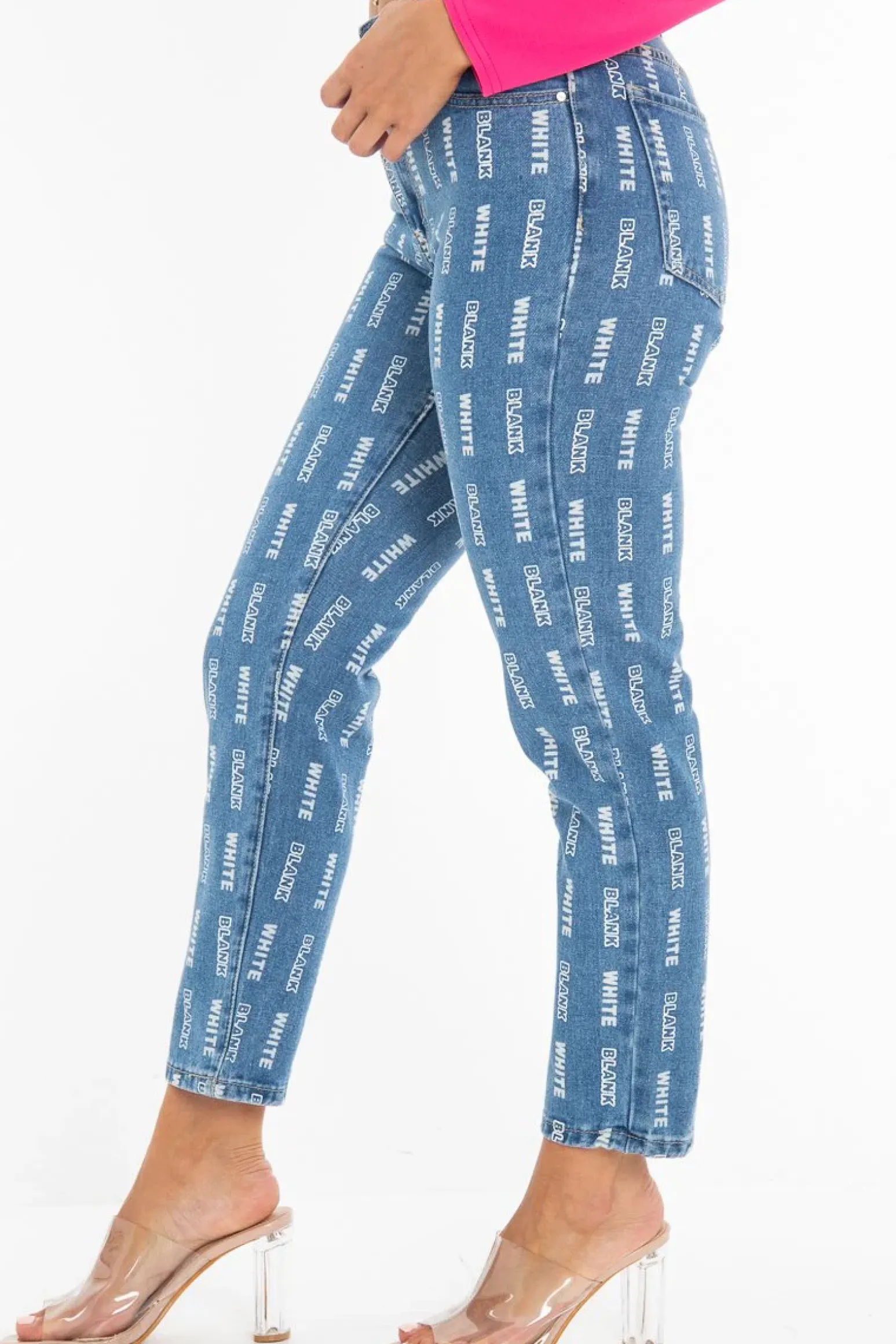 Rebellious Fashion Mid Wash Denim White Blank Slogan Mom Jeans - Jordyn
