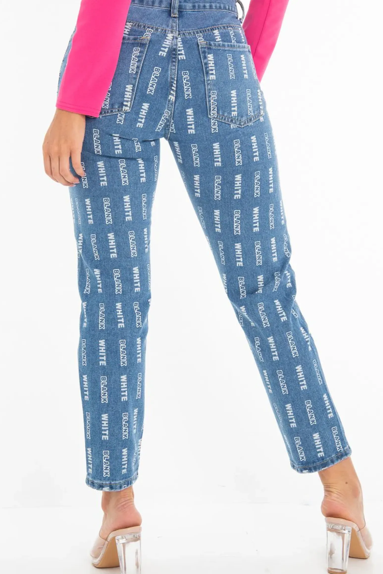 Rebellious Fashion Mid Wash Denim White Blank Slogan Mom Jeans - Jordyn