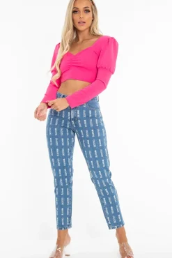 Rebellious Fashion Mid Wash Denim White Blank Slogan Mom Jeans - Jordyn
