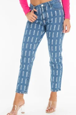 Rebellious Fashion Mid Wash Denim White Blank Slogan Mom Jeans - Jordyn