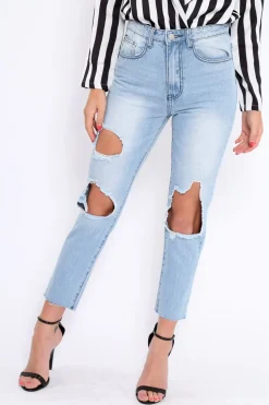 Rebellious Fashion Mid Wash Extreme Open Knee Mom Jeans - Jessie