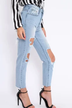 Rebellious Fashion Mid Wash Extreme Open Knee Mom Jeans - Jessie