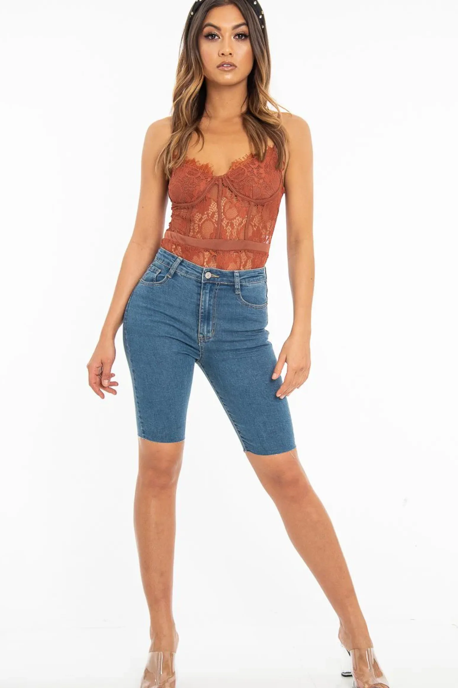 Rebellious Fashion Mid Wash Raw Hem Longline Cycle Denim Shorts - Reanna