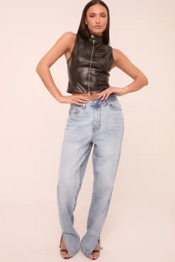 Rebellious Fashion Mid Wash Straight Leg Side Split Hem Jeans - Tashi