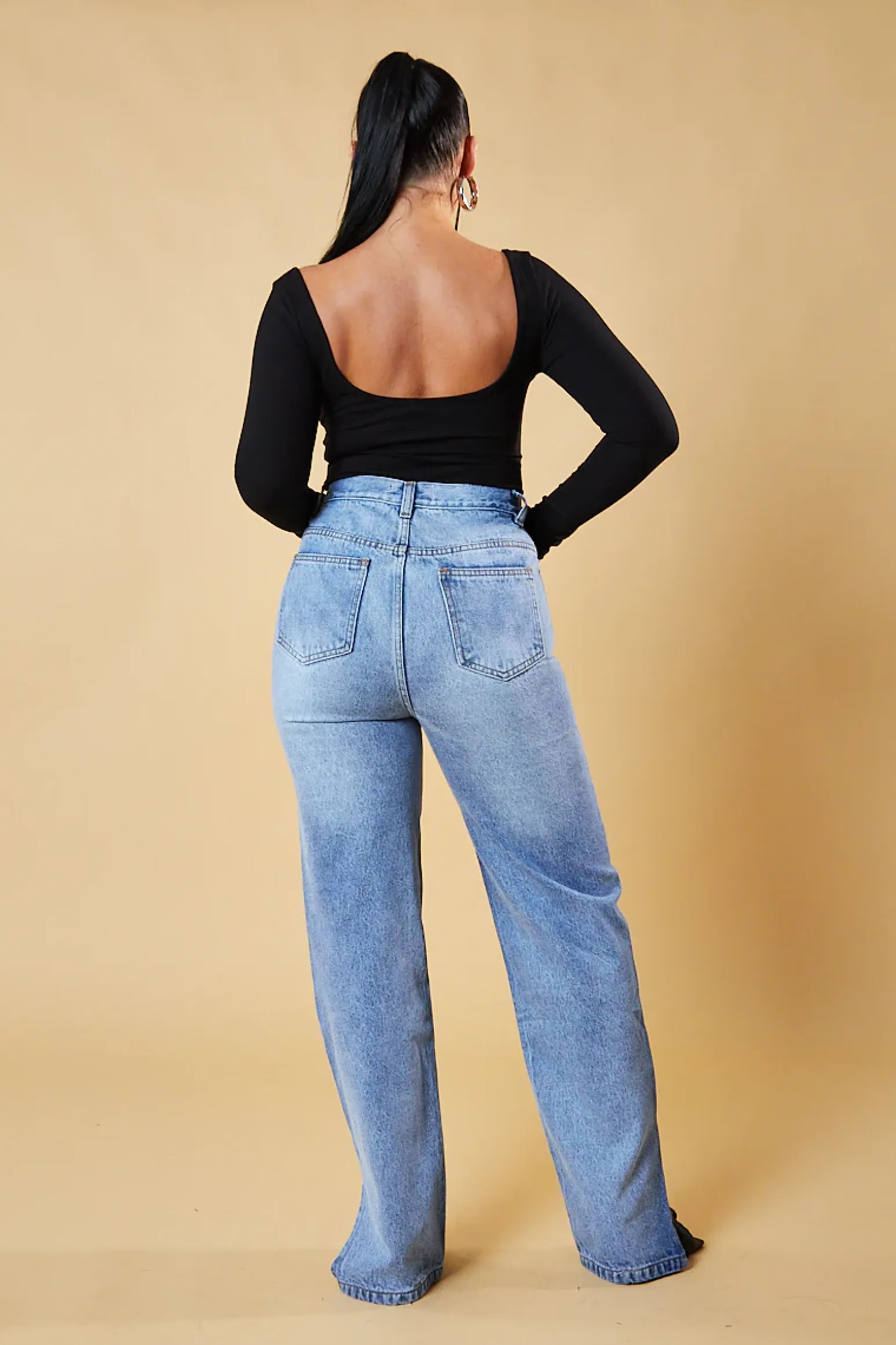 Rebellious Fashion Mid Wash Straight Leg Side Split Hem Jeans - Tashi