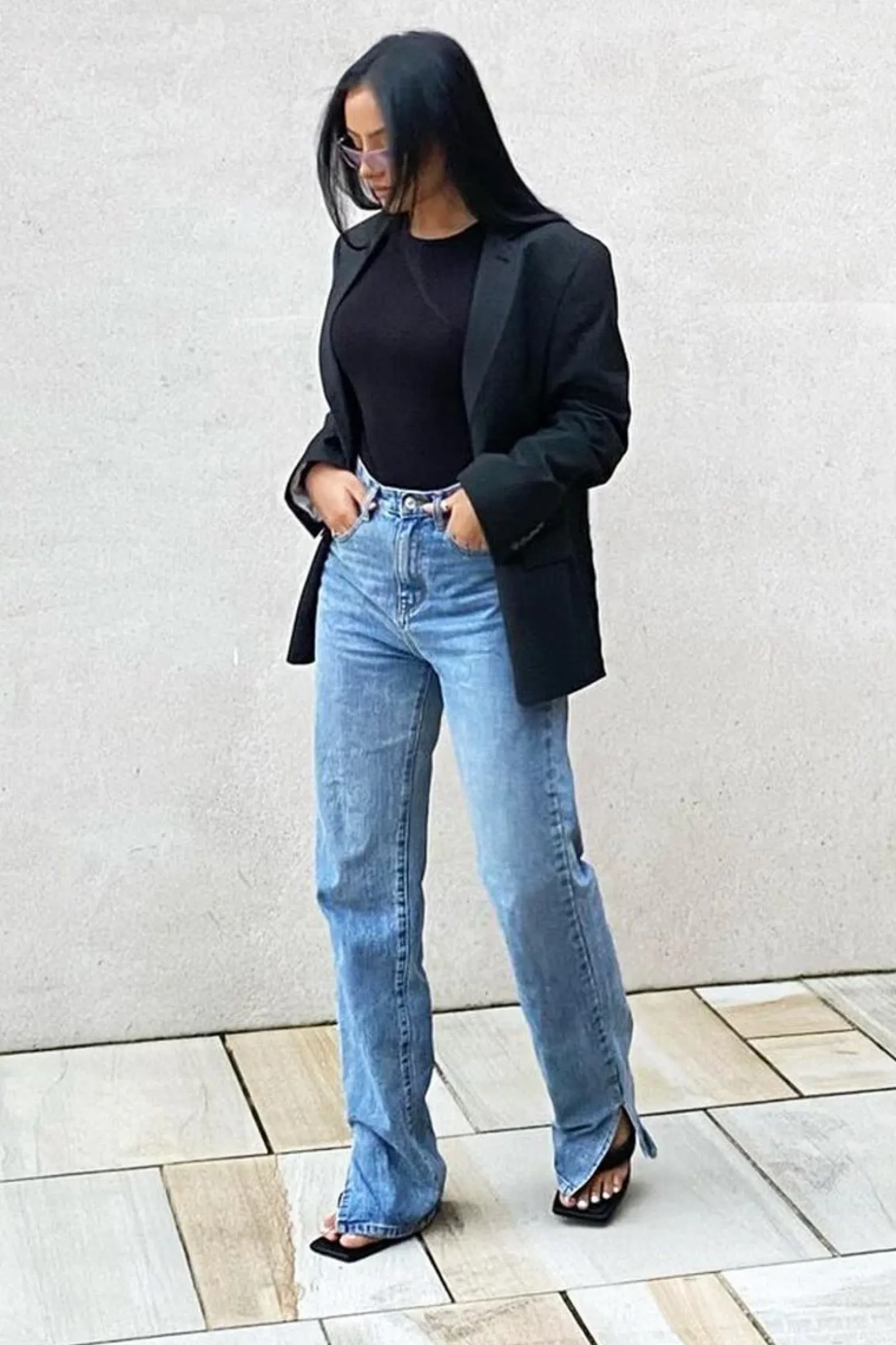 Rebellious Fashion Mid Wash Straight Leg Side Split Hem Jeans - Tashi